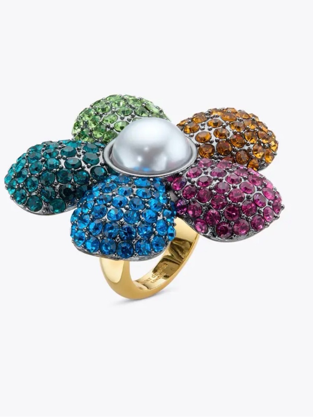 Kurt Geiger Multicolor Crystal Flower Ring with Faux Pearl NWT Size 7 Sold Out